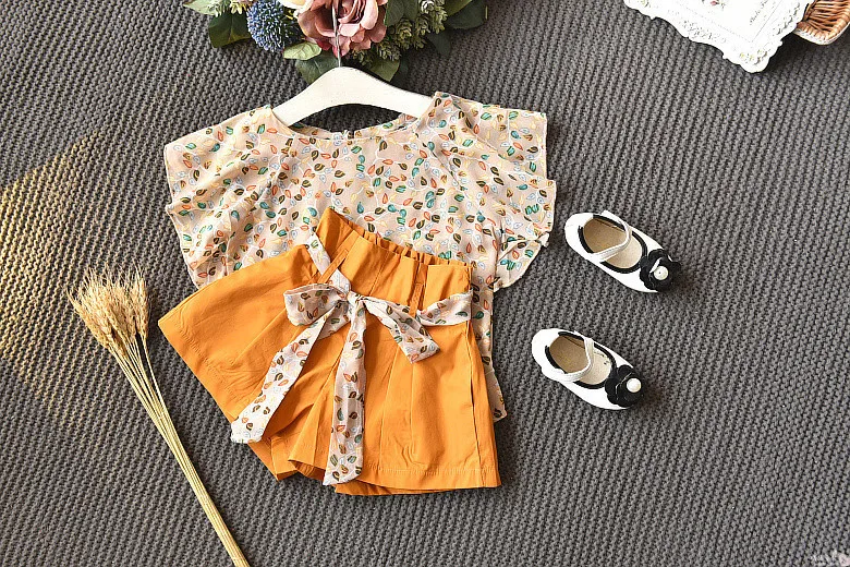 Милая шифоновая летняя одежда для девочек новые детские костюмы с цветочным принтом для девочек 3, 4, 5, 6, 7, 8 лет, комплект детской одежды