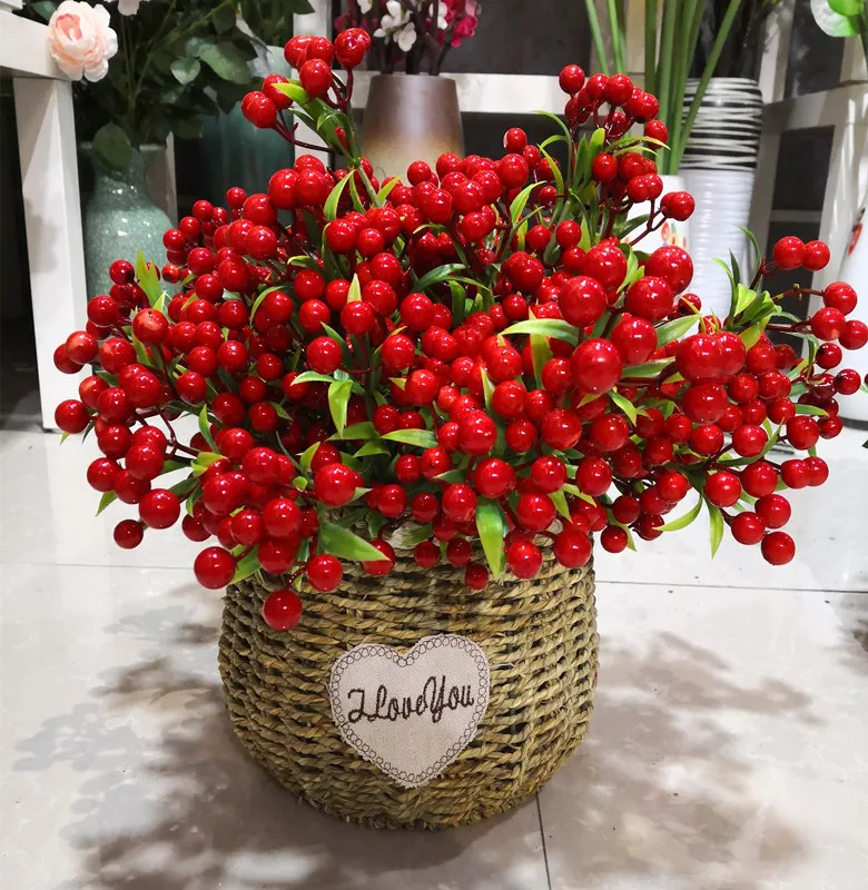 7 веток красные искусственные ягодные Цветы Букет Искусственные фруктовые растения мини лист открытый гостиная свадебное украшение
