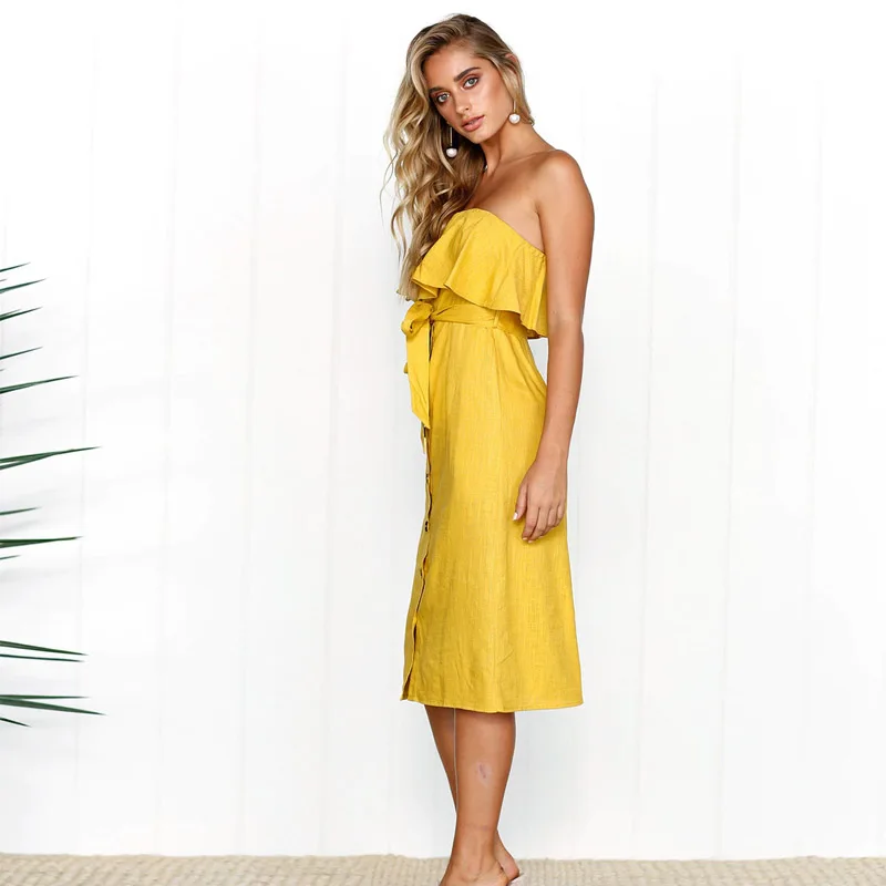 Qunndy Boho Style Off Shoulder Off Ruffles Dresses Women Beach Summer Sashes Button Dress Vestido Bandage Female Party Dress (18)
