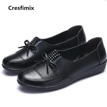 

Cresfimix one size smaller black flat soft shoes lady slip on pu leather brown comfortable shoes female leisure bow tie flats