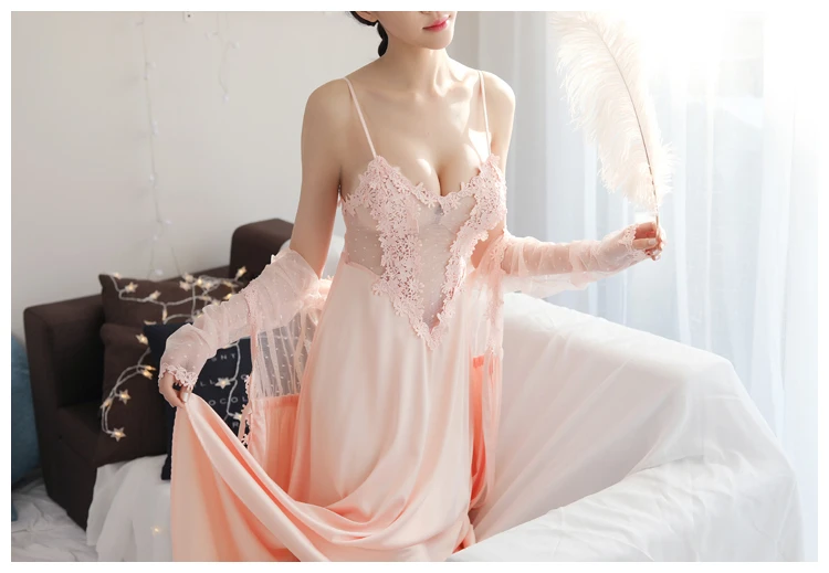 Белый розовый сексуальный кружевной Цветочный Вышивка пижамы Спагетти ремень сна длинное платье с халатиком атласные Slik ночные рубашки Нижнее белье