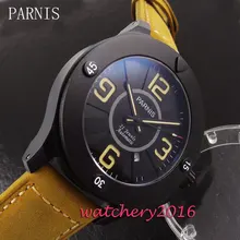 47mm Parnis black dial PVD case camel leather strap date sapphire glass automatic movement Men’s Watch