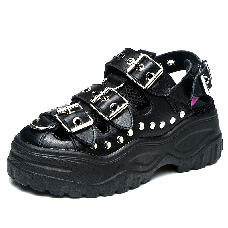 

Outdoor Sandals Women Leather Summer Sandals 5CM sole Thick-soled Cake Super Rivet Toe Cap Black and White Sport Sandals JINBEIE