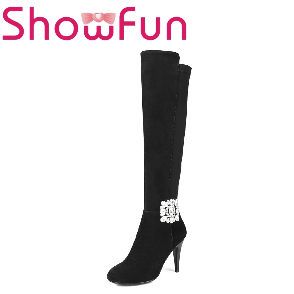 

Showfun genuine leather shoes woman winter solid knee-high pointed toe zipper short plush super high thin heel boots