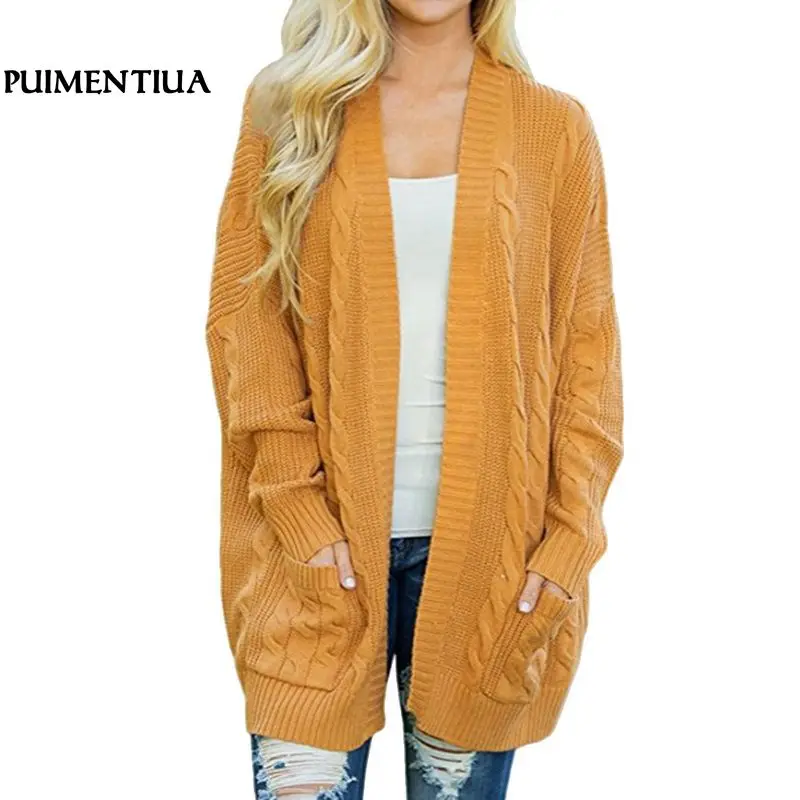 

Puimentiua 2018 Autumn Winter Women Fashion Open Stitch Knitted Cardigan Sweater Female Loose Solid Double Pockets Cardigans