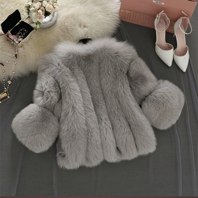 Fourrure Imitation Taille Casaco Décontracté Manteau Paragraphe pink Chaleureux Gray 2018 Court Hiver Luxe white A853 Manches Automne Renard De Sept Femmes Pele Grande 85q50wT
