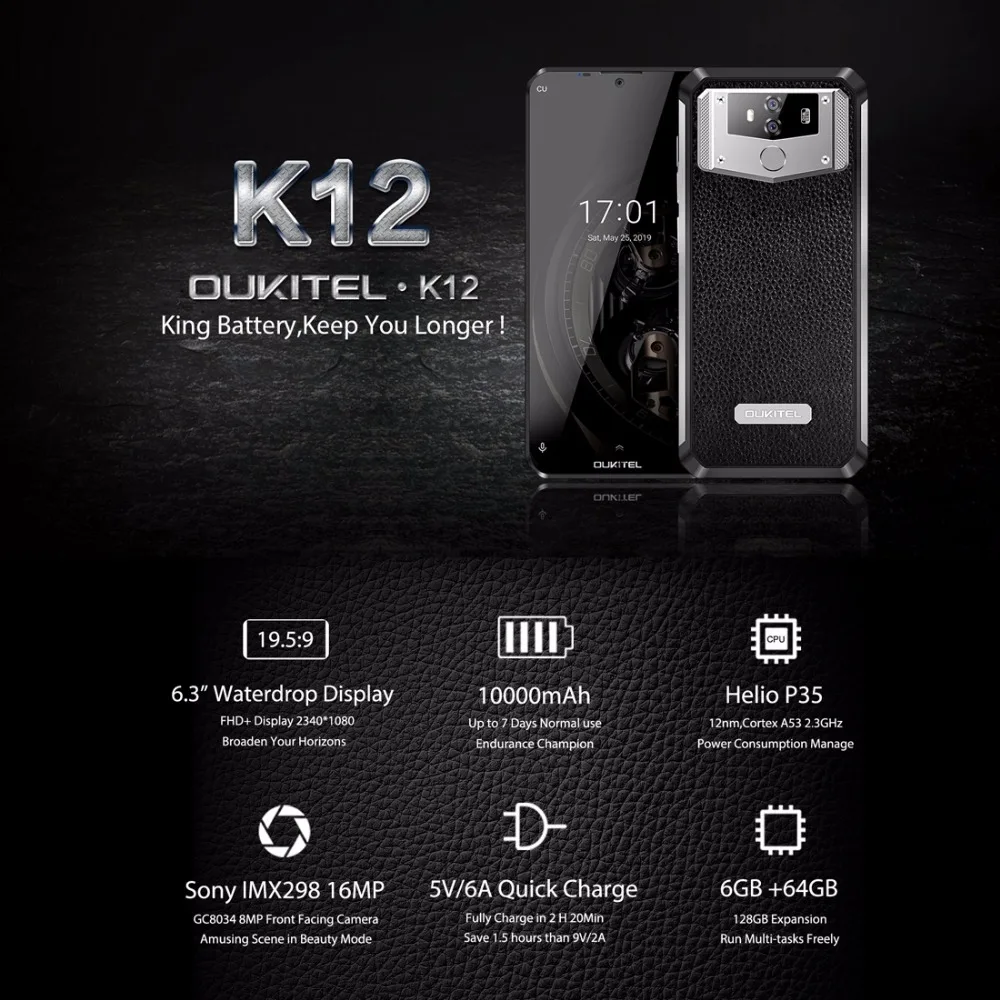 Смартфон OUKITEL K12 с Каплевидным покрытием 6," FHD+ 1080*2340 16 МП, 6 ГБ ОЗУ, 64 Гб ПЗУ, с функцией распознавания лица, 10000 мА/ч, 5 В/6А, быстрая зарядка, OTG, мобильный телефон