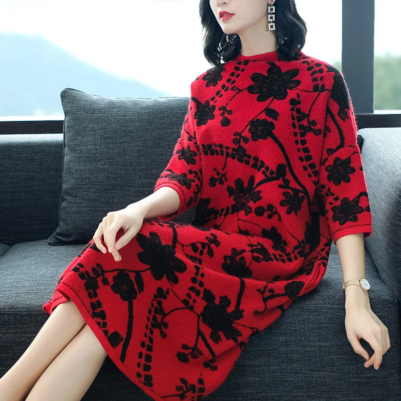 

Red Sweater Dress 2018 Autumn Winter Warm Sweater Pullovers Women Vintage Jacquard Knitted Long Sweater Vestidos Casual Jumper