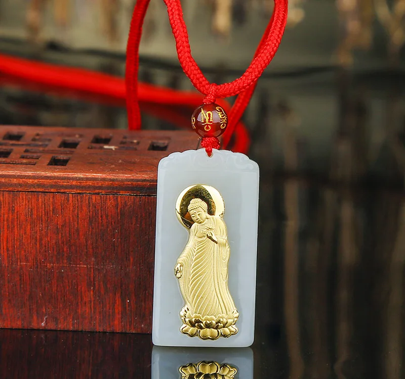

Choker Necklace Hetian Mosaic Inset Jades Namo Amida Butsu Pendant Men's And Women's Golden Rectangle Hang Drop 24 K Jewelry