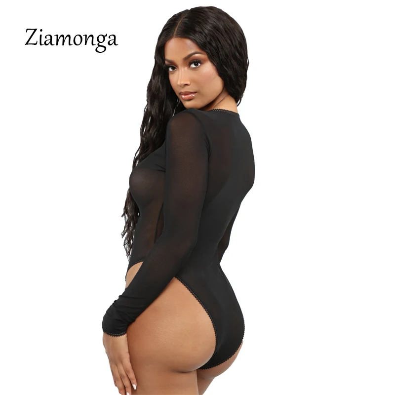 Ziamonga Deep V Neck Lace Up Black Mesh Sexy Bodysuit Women Long Sleeve Body Suit Top Bodycon Jumpsuit Autumn Women Tops