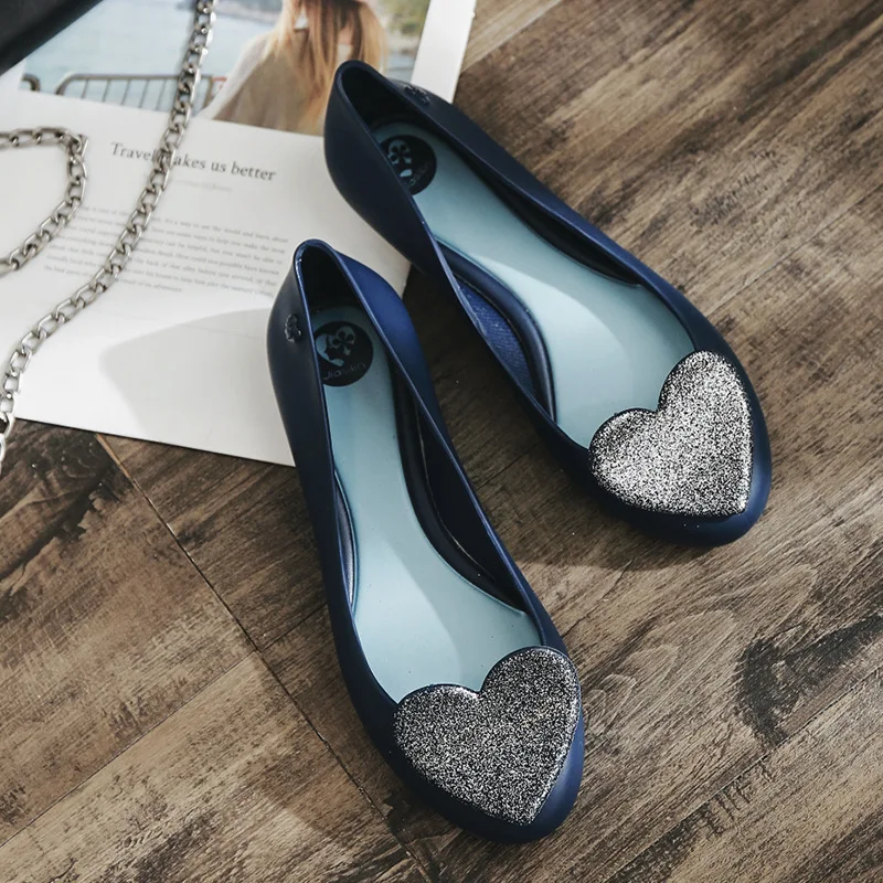 

Women Flat Shoes Round Toe Slip-On Solid Casual Rubber Spring New Jelly Shallow Glitter Heart Shape Beach Flat Shoe Fashion Shoe