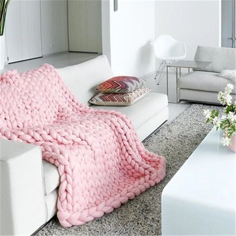 Chunky Knit Thick Soft Blanket Wool Style Knit Throw Sofa Bed Blanket Pink