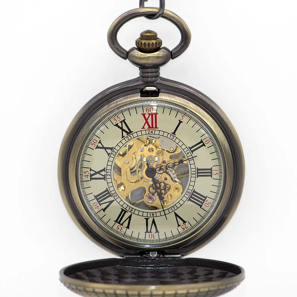 Высококачественные бронзовые винтажные уникальные полые деревянные круглые Механические карманные часы с циферблатом и цифрами унисекс с цепочкой-брелоком PJX1314