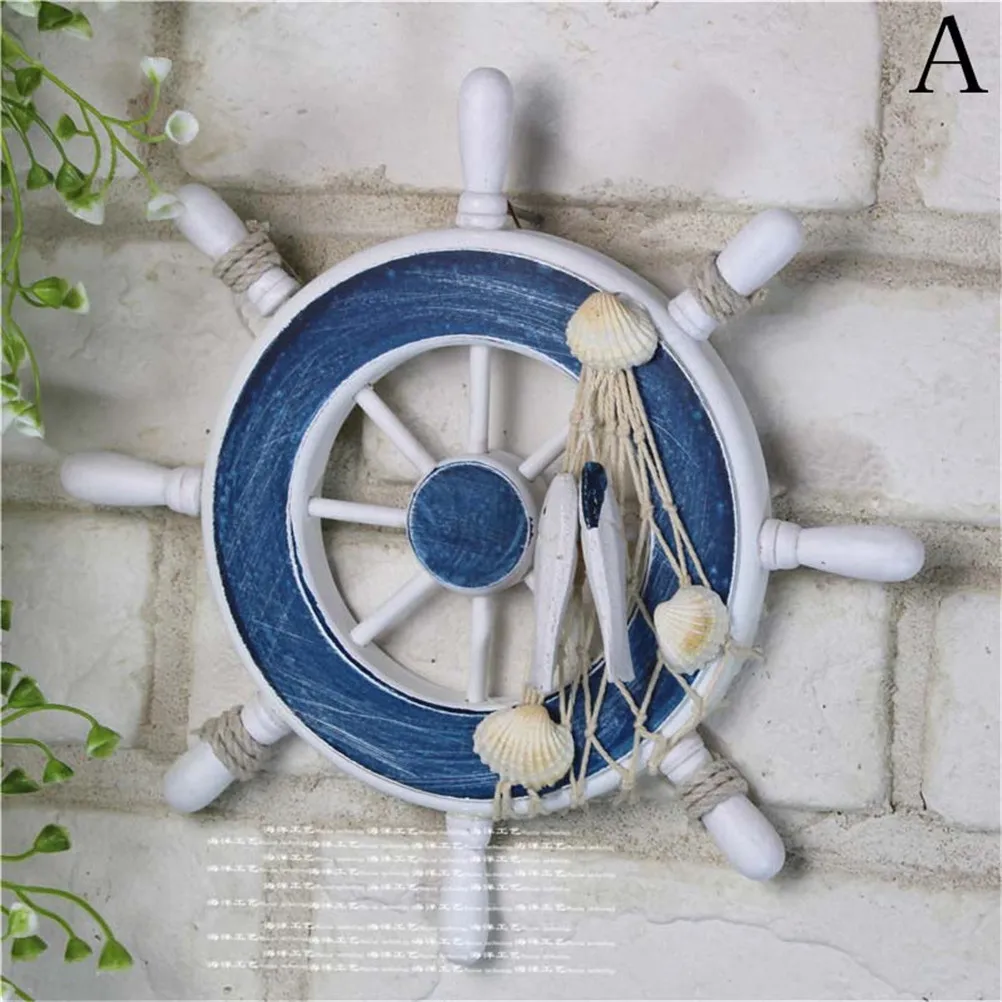 

Beach Mediterranean Style Anchor Helmsman Wooden Boat Ship Rudder Home Decoration Wood Nautical Steering Wheel Fishing Net