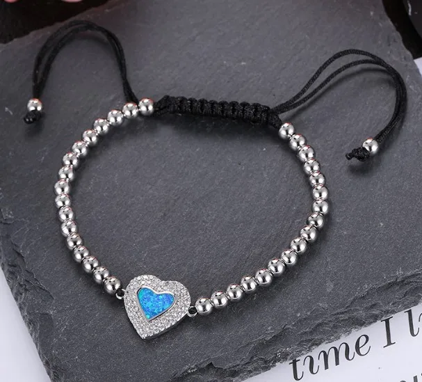 

silver micro pave Cubic Zirconia cz zircon rope adjusted Macrame Blue Opal bracelet dhg53 heart Braided Bangles For Women