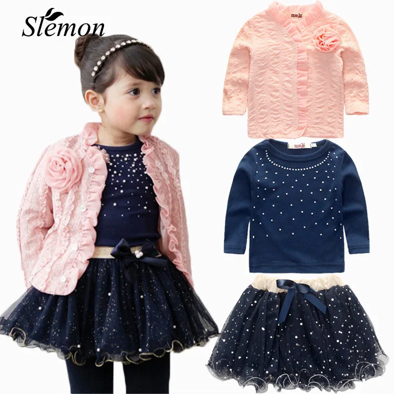 

2018 Spring Autumn Fashion Girls Clothing Sets 3 Pieces Suit Girls Flower Pink Coat + Blue T Shirt + Sequins Skirt Girls Clothes