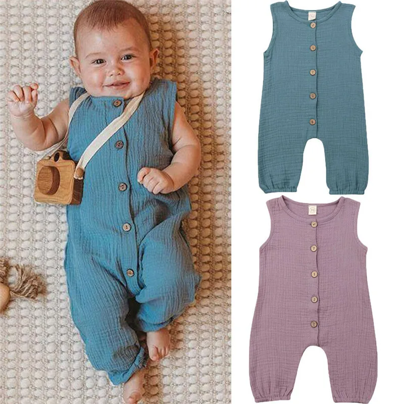 

0-24M Newborn Baby Boys Girls Button Romper Unisex Baby Cotton Clothing Summer Sleeveless Tank Playsuits Solid Jumpsuits 0-24M