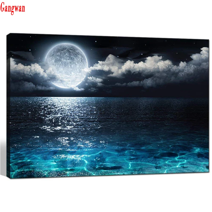 diamond painting cross stitch Blue Clear Ocean Seascape  embroidery mosaic Full Moon in Cloud Landscape full rhinestone  decor