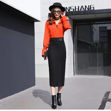 Новинка зимы Для женщин шерстяные Юбки для женщин модные спереди сбоку Разделение Вышивка Крестом Пакет бедра юбка милые сердцу металлические кнопки Длинные прямые Юбки для женщин Jupe