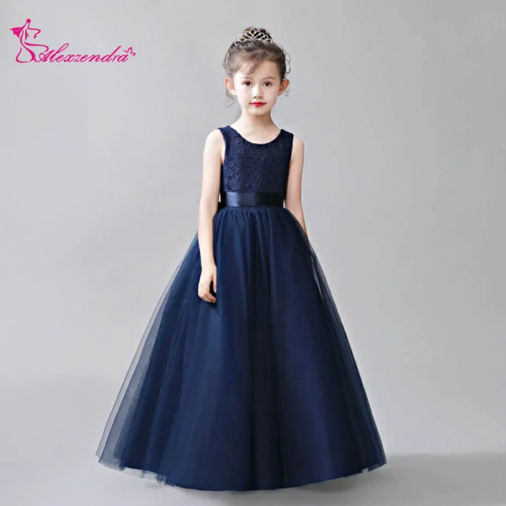 Alexzendra/темно-синие кружевные платья с цветочным узором для девочек с бантом, платье для первого причастия для девочек, платье принцессы для