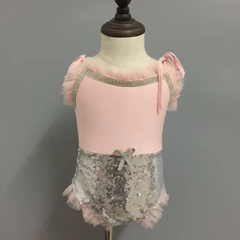

2017 Sliver Sequined Girls Leotard Ruffles Girls Strap Overalls One Piece Sweet Pink Romper for Summer Inst Child Jumpsuit 2-7ys
