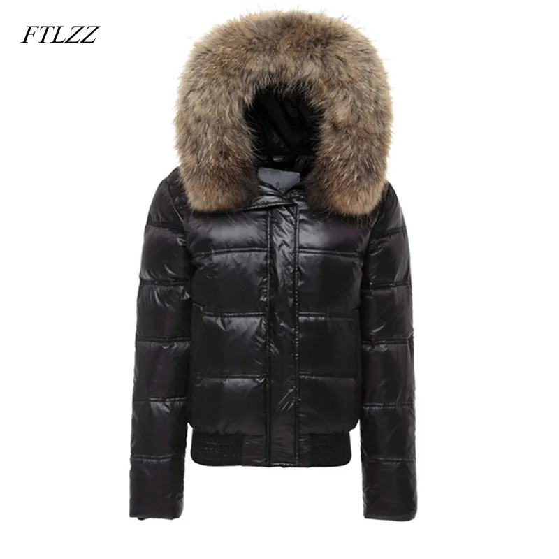 Koop FTLZZ Echte Wasbeer Bont Winter Jas Vrouwen Lange Mouwen Slanke Witte Eendendons Parka Vrouwelijke Capuchon Zakken Jas Uitloper
