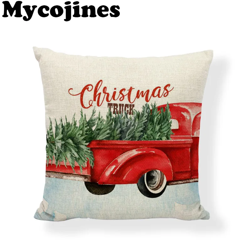 Рождественская серия "красный грузовик" 45X45 см, наволочка для подушки с зеленым деревом, красно-синим автомобилем, для дома, дивана, гостиной, Подарочный декор, льняные наволочки для подушек