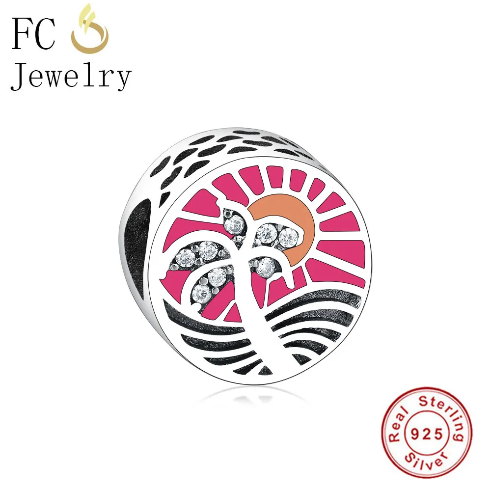 

FC Jewelry Fit Original Pandora Charm Bracelets Bangle 925 Sterling Silver Sea Enamel Sunshine Palm Tree Beads Making Berloque