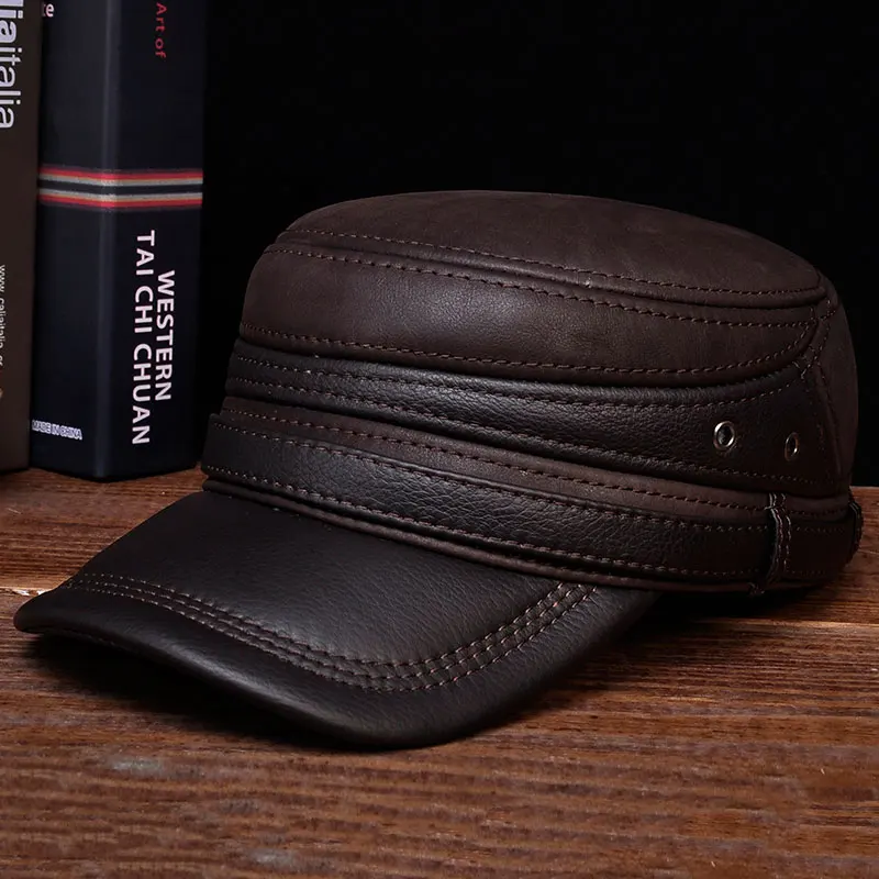 

HL103 2018 brand new style winter warm Russian genuine leather baseball Men's real cow leather arny cap hats