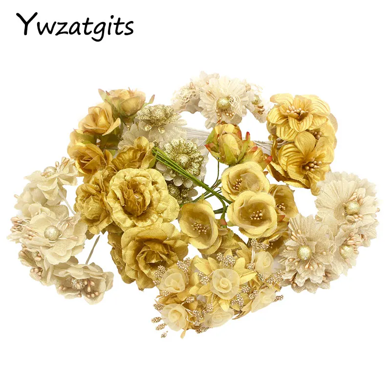 10 bundles(60 heads) Gold Artificial flower Bouquet Christmas Wedding