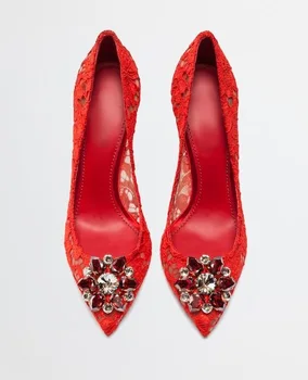 

Sexy Red Heels Wedding Shoes Bride Crystal Buckle Pointed Toe Pumps Women Shoes Cut-out Sexy Lace Shoes Women Formale