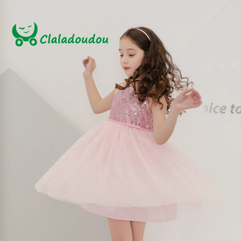 

Claladoudou 100-140CM brand bling lace sleeveless baby girls high quality dress toddler girls party wedding dress clothes