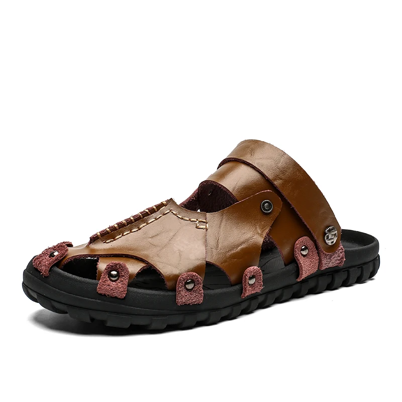

New Summer Men Sandals Breathable Leather Men Beach Flip Flops Brand Mens Casual Shoes Comfortable Slip-on Casual Cheap Slippers