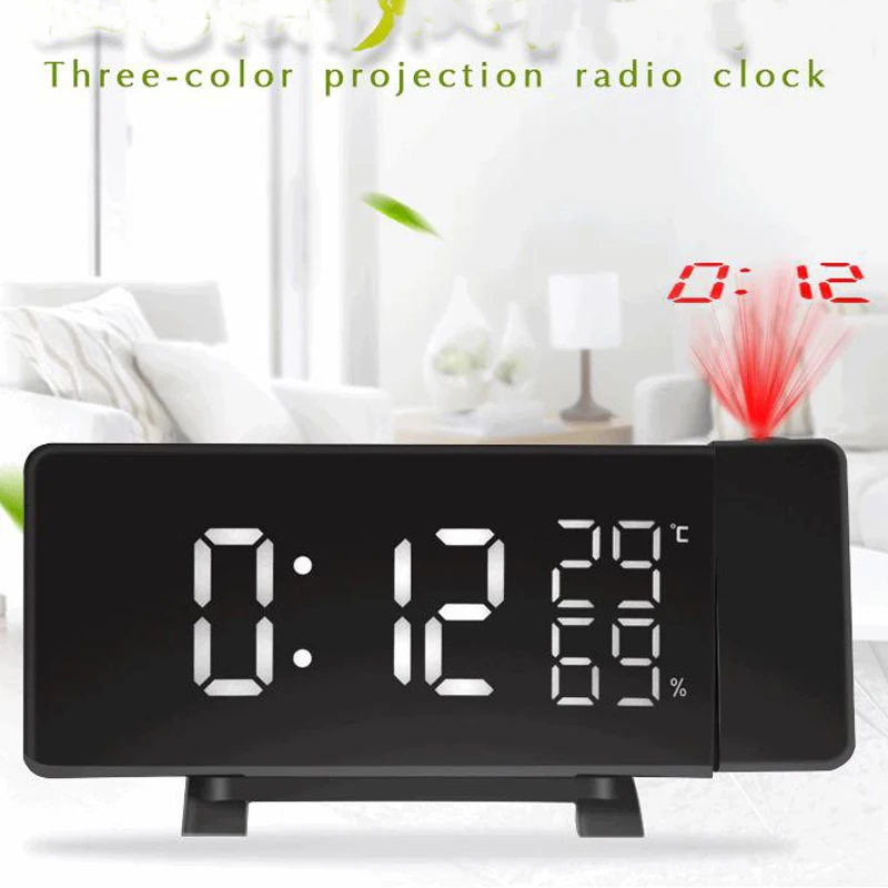 

Radio Alarm Clock Digital LED Curved-Screen Clock Projector 4 Sounds FM Radio Dual Desk Watch Table Clock with Projection