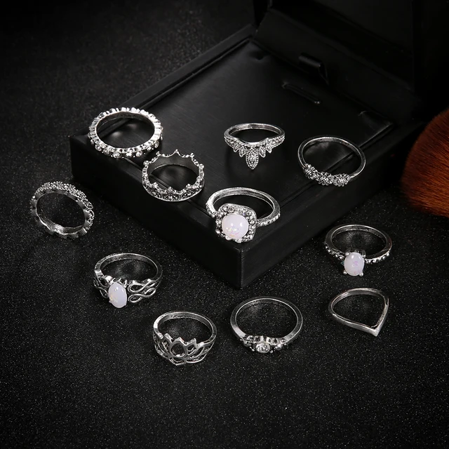 11 PCS/Set Vintage Knuckle Opal Rings for Women Boho Geometric Flower Crystal Ring Set Bohemian Midi Finger Jewelry Bague Femme