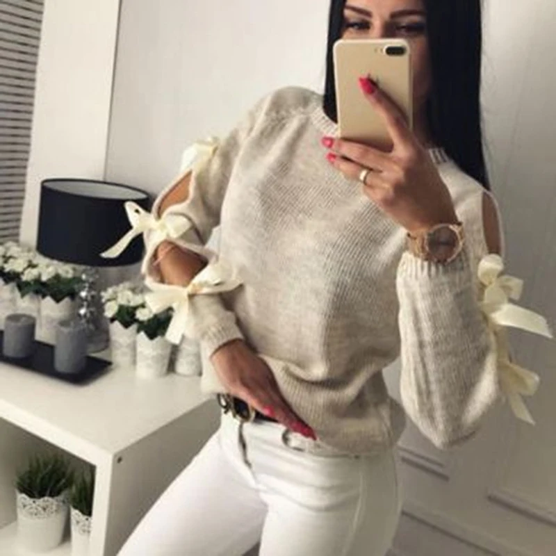 

Autumn Sweater 2019 Women Sexy O-Neck Warm Knitted Sweaters and Pullover Bow Hollow Out Long Sleeve Knitwear Jumper Pull Femme