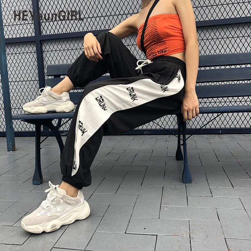 

HEYounGIRL Baggy Casual Track Pants Capris Letter Print High Waist Pants Women Patchwork Folded Side Trousers Female Streetwear