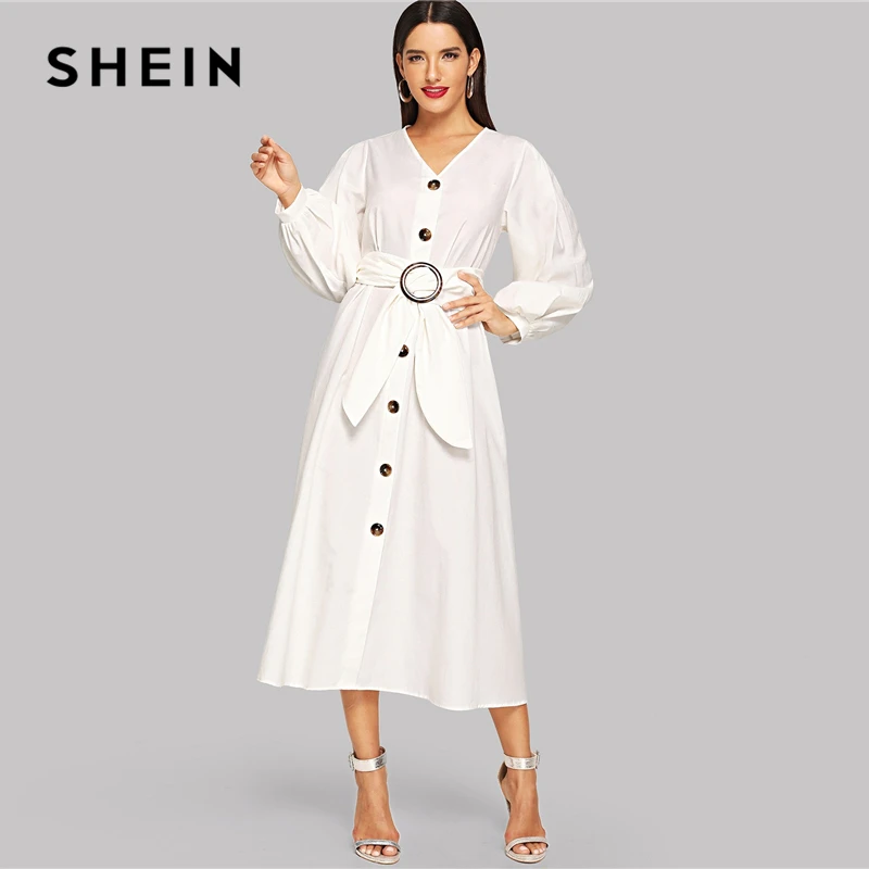 SHEIN Платье На Пуговицах С Поясом Элегантное V Образным Вырезом Для Женщин|Платья| |