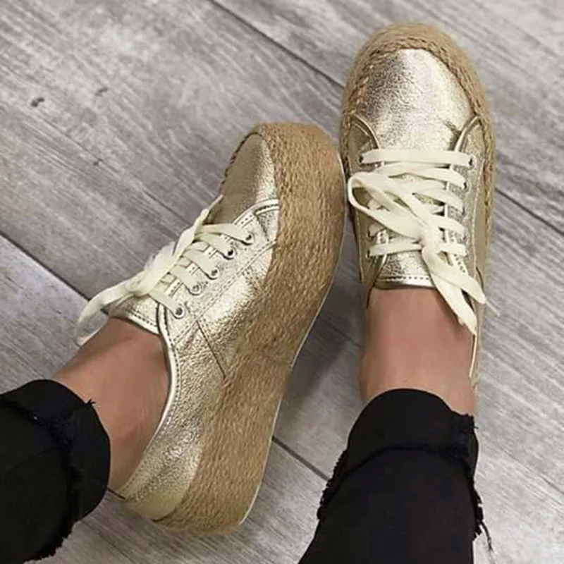

Women's Lace Up Casual Shoes Bright Side Shallow Ladies Shoes Fashion And Confortable Pu Material Mad 3-5cm Flats Female Shoes