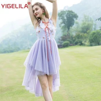 

YIGELILA Fashion Women Purple Bandage Party Dress Summer V-neck Sleeveless Chiffon Embroidery Empire Slim Mid Length Dress 64061