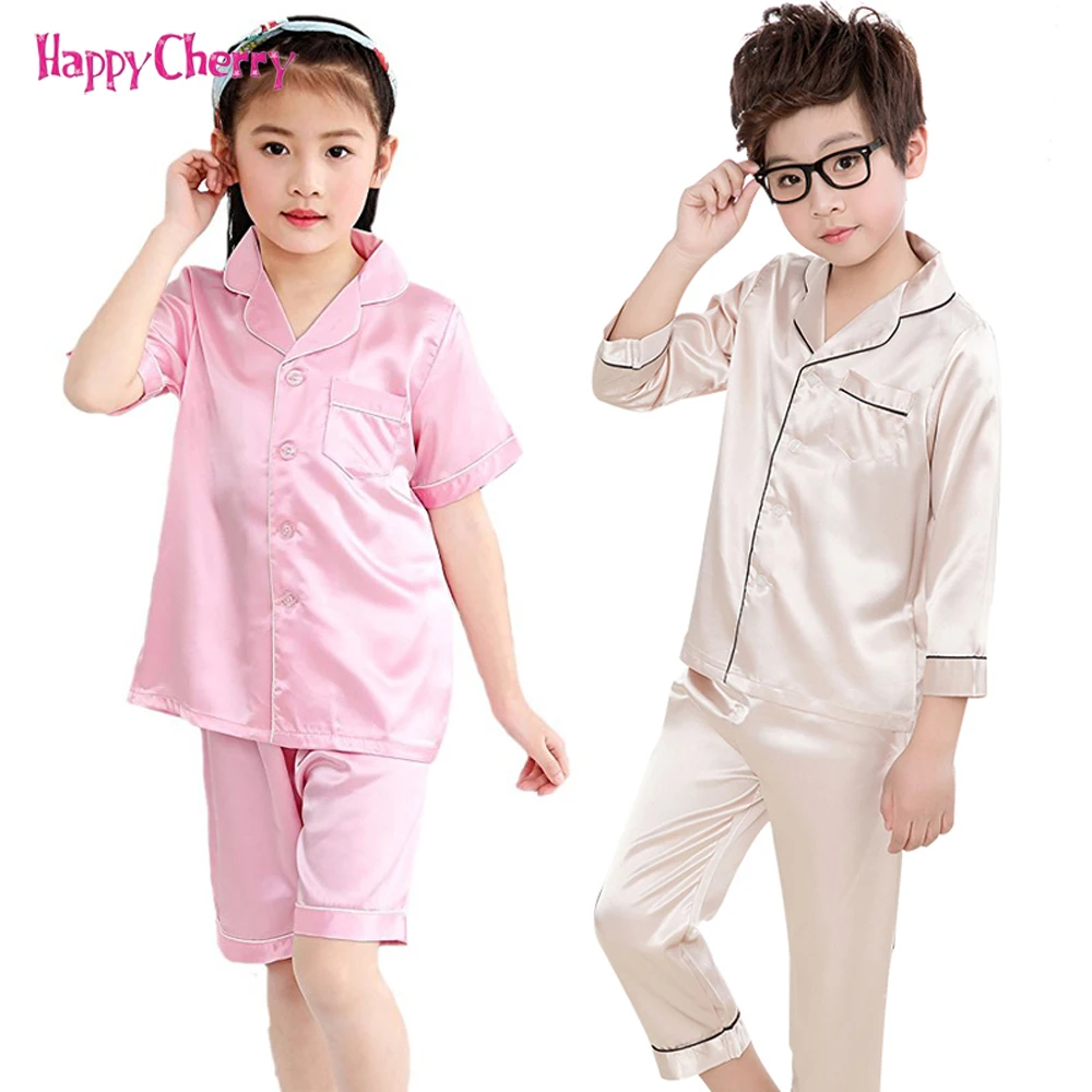 

Infant Satin Pajamas Sets for Girls Boy Casual Silk Sleepwear 2-12 Years Children Pajamas Short Sleeve Tops Pants Nightwear Sets