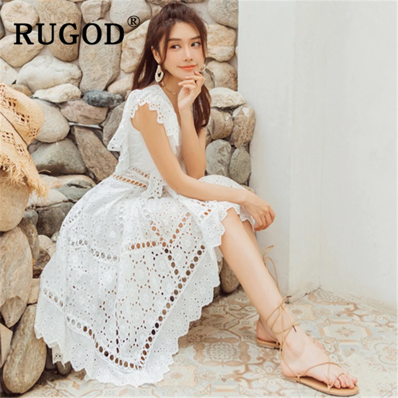 Женское пляжное платье RUGOD белое асимметричное миди с оборками лето 2019|Платья| |