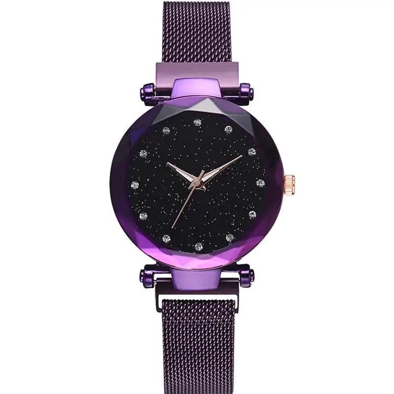 Purple Роскошные женские часы с бриллиантами, розовое золото, звездное небо, магнитная сетка, Женские кварцевые наручные часы для relogio feminino montre femme - Цвет: Purple