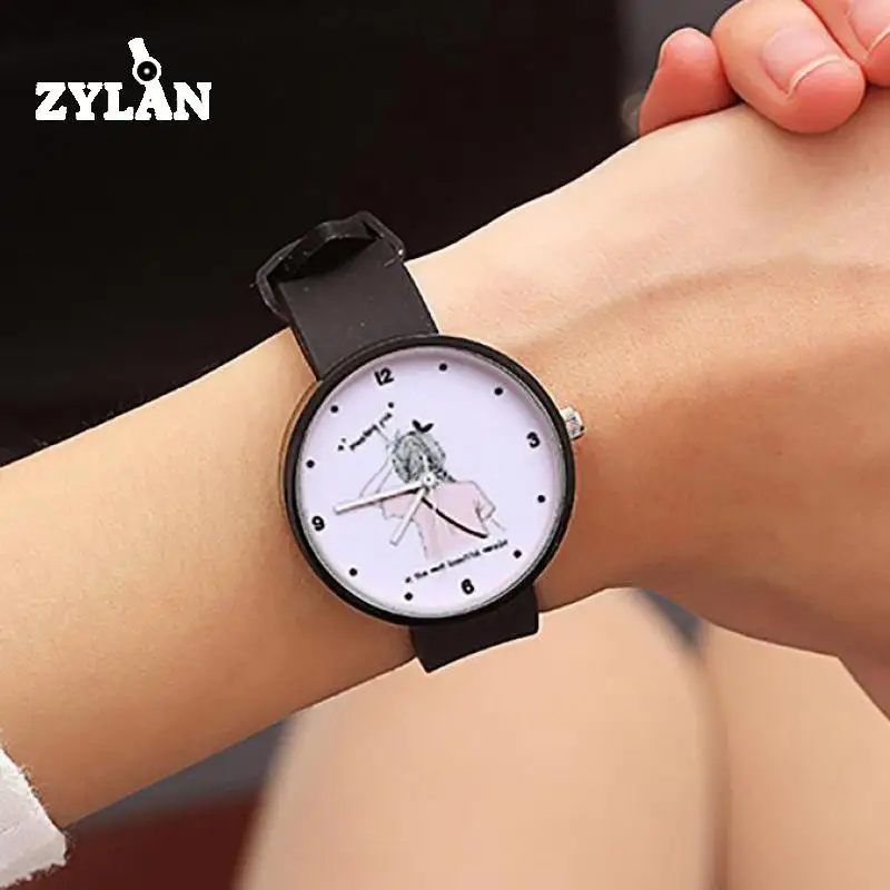

ZYLAN Young Girl Pattern WomenRubber Silicone Quartz Watches Simple Stylish Ladies Female Casual Wristwatch Student Hours