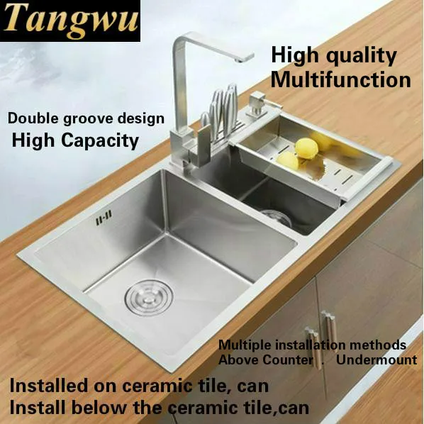 Tangwu ручная работа высококлассная кухонная раковина 4 мм Толстая пищевая 304 нержавеющая сталь умывальник большой двойной паз 82X46X22 см