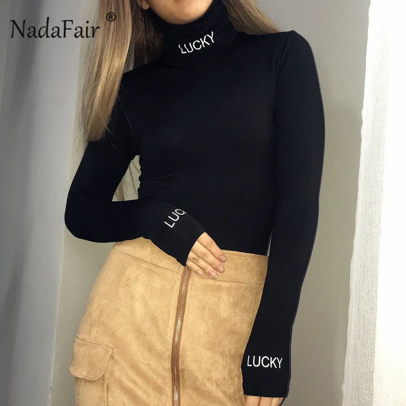 Женский боди с высоким воротником Nadafair черный облегающий длинным рукавом Осень