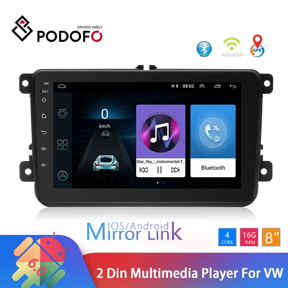 

Podofo 2din Android Car Multimedia Player 2 Din 8'' HD Touch Screen Car Radio Audio Bluetooth MP5 Player GPS WIFI DVR FM Radio