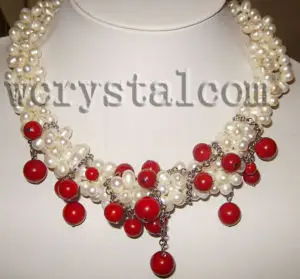 4 Str White Pearl Red Coral Twisted Necklace