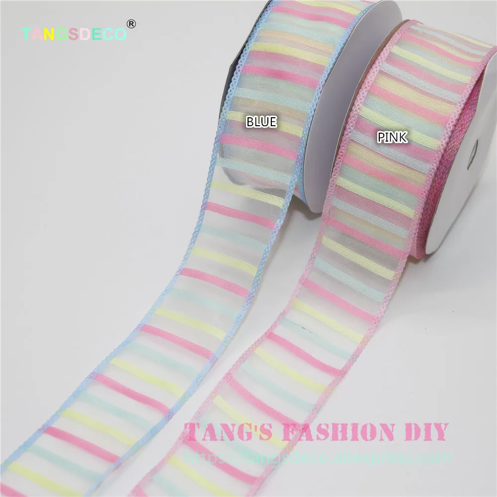 20 Yards/Roll- DIY 3.8cm width single face RAINBOW SMALL STRIPES ORGANZA ribbon