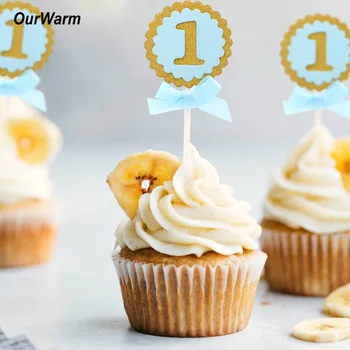 

OurWarm 10pcs/lot Cake Toppers Round Birthday Party Decoration 1 Year First Kids Birthday Party DIY Cupcake Topper Supplies